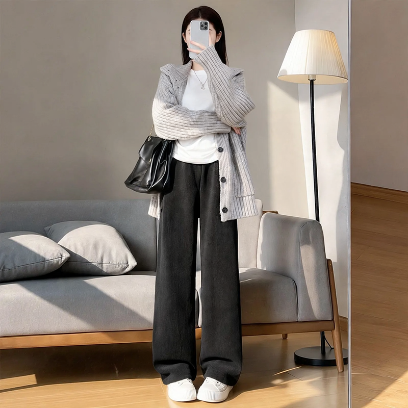 Women's corduroy pants, lined, wide cut