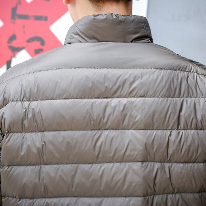 Light men's down jacket, stand-up collar, slim fit