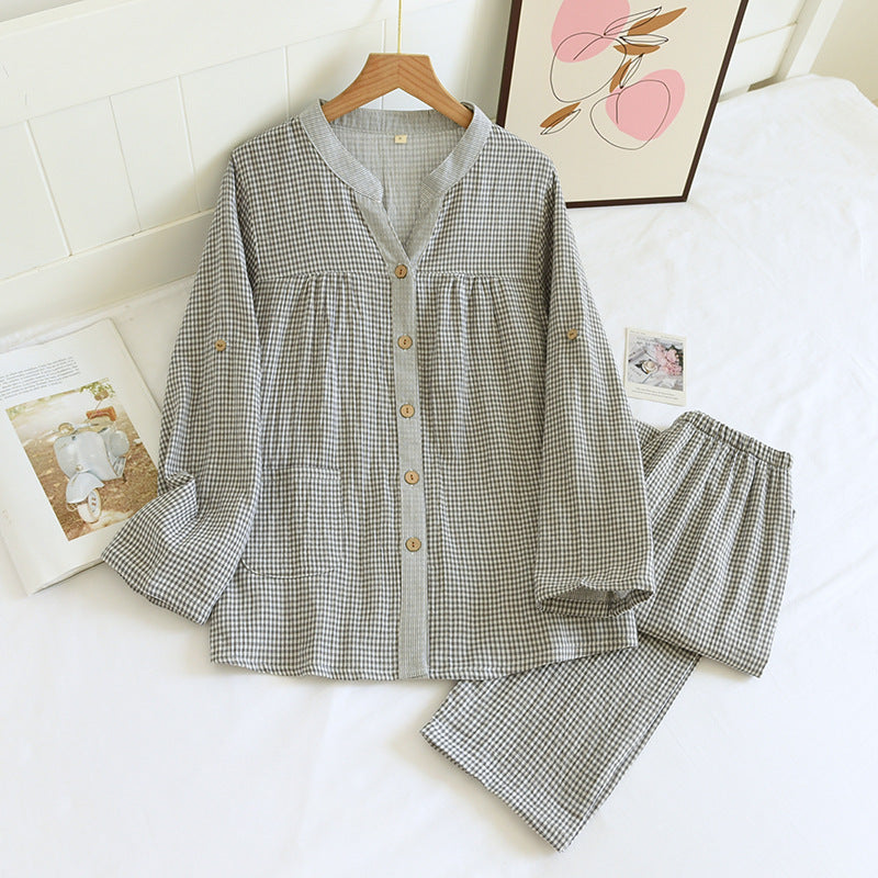 Women's pajama set made of cotton double gauze in check pattern