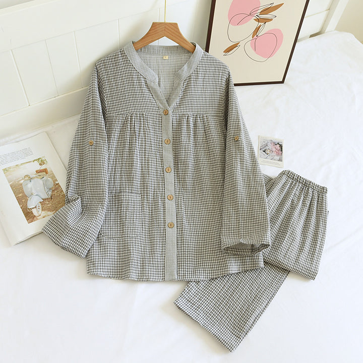 Women's pajama set made of cotton double gauze in check pattern