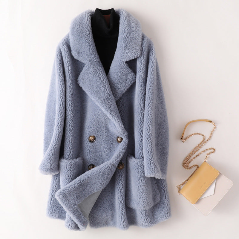 Women's coat made of lambskin imitation, medium length