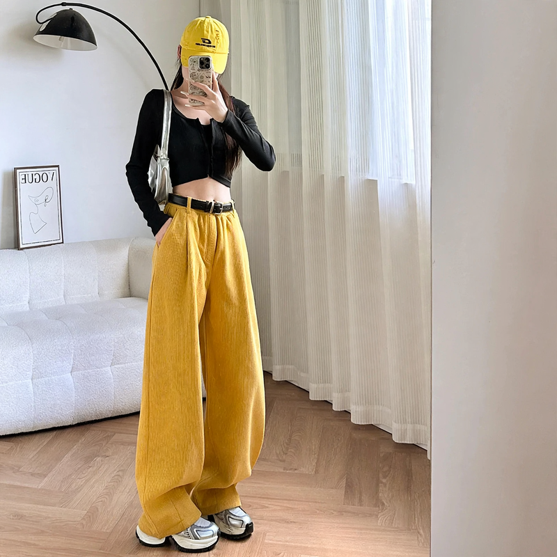 Cord Wide Trousers with High Waist, Lined
