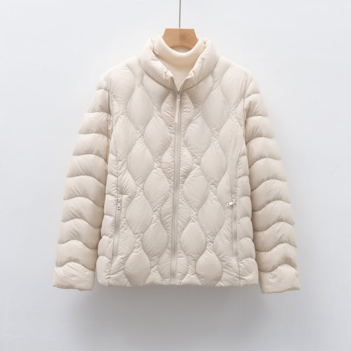 Light women's down jacket with stand-up collar and wave pattern
