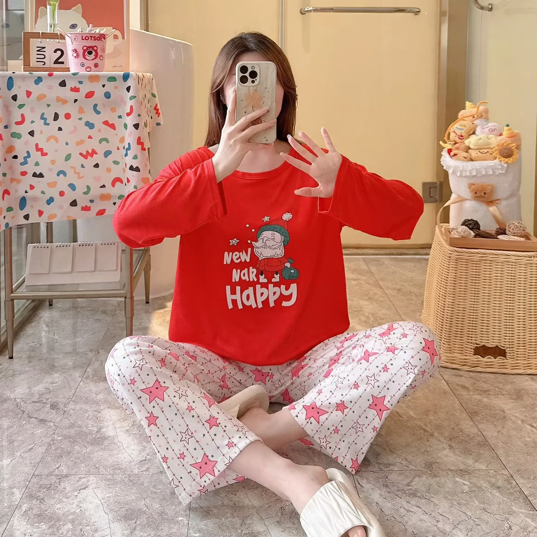 Women's Christmas Pajamas, long-sleeved, with reindeer motif