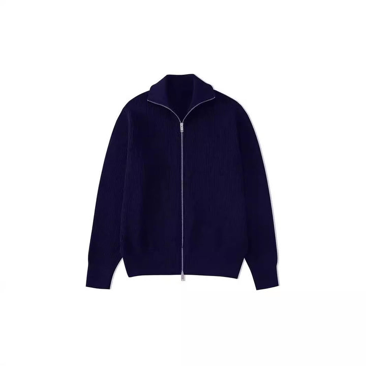 Loose women's knit sweater with zipper and stand-up collar