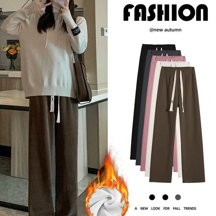 Fleece-lined corduroy wide-leg pants in Korean style