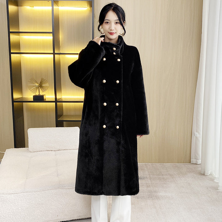 Long women's faux fur coat with stand-up collar