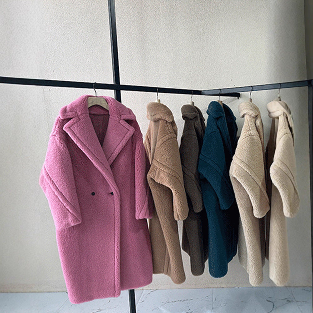 Long teddy coat made of alpaca wool, loose fit