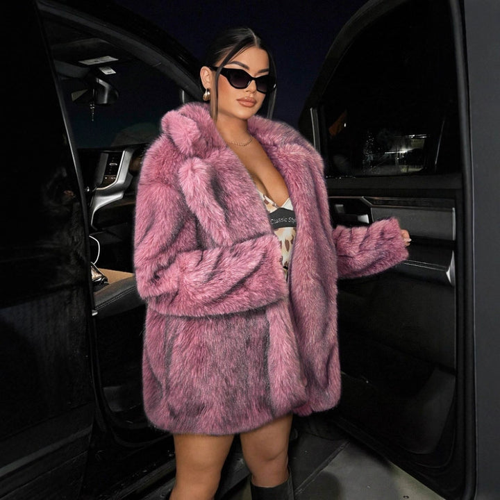 Long faux fur coat with lapel collar