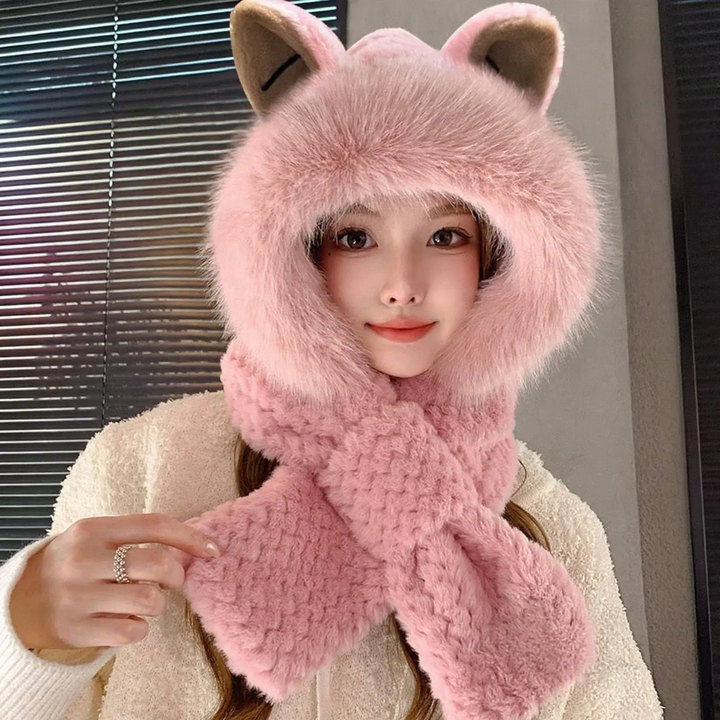 Plush hat with rabbit ears and scarf, women, winter