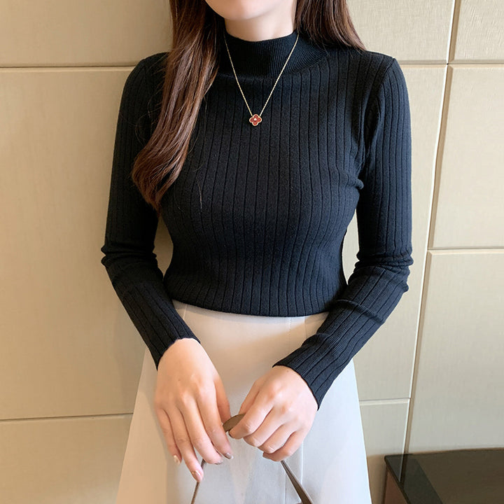 Women's knit sweater with stand-up collar, thin
