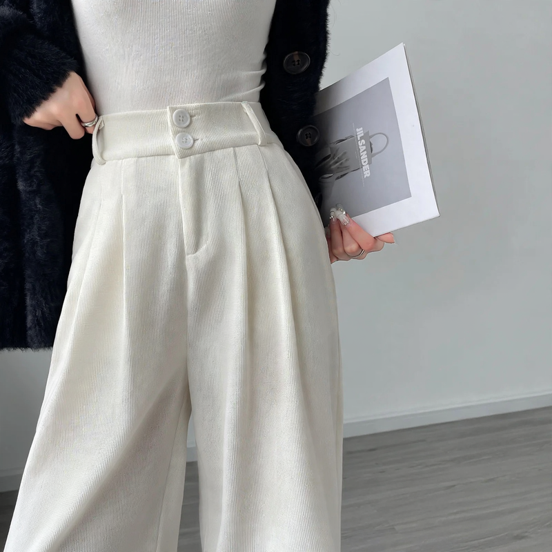 Chenille fabric trousers with high waist, straight cut