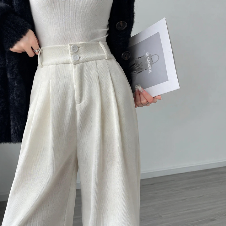 Chenille fabric trousers with high waist, straight cut