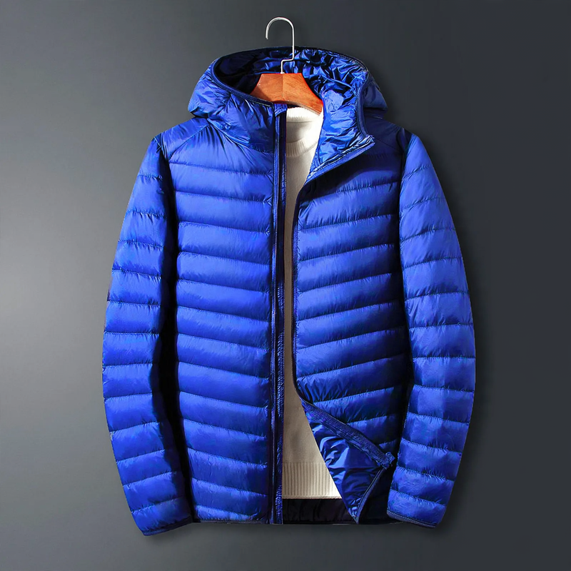 Light men's down jacket with hood, white duck down lining