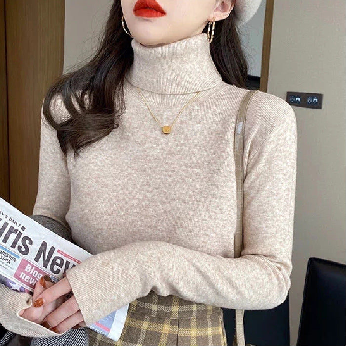 Women's knitted pullover with stand-up collar, slim fit