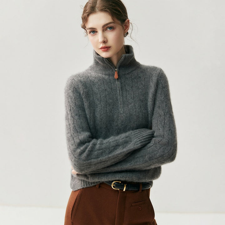 Women's knit sweater with zipper and cable pattern