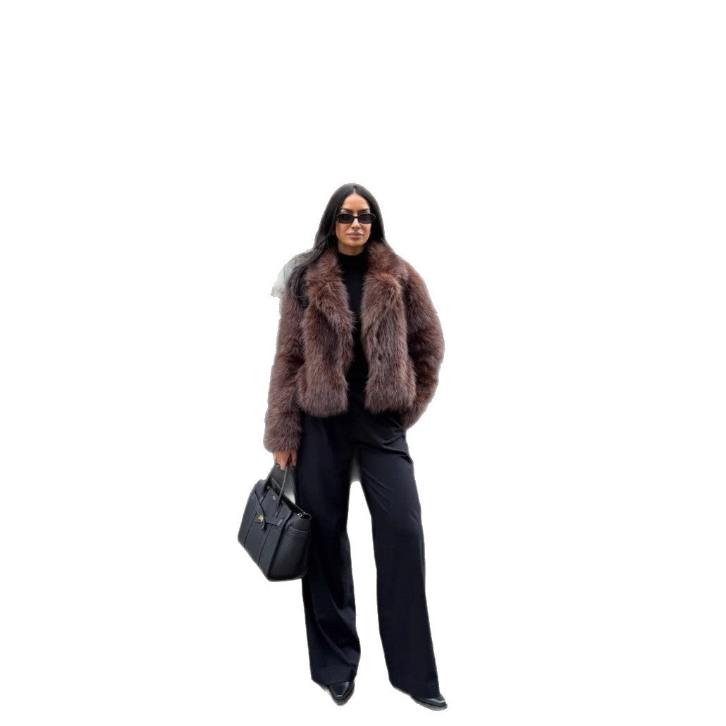 Fashionable women's faux fur coat in coffee brown