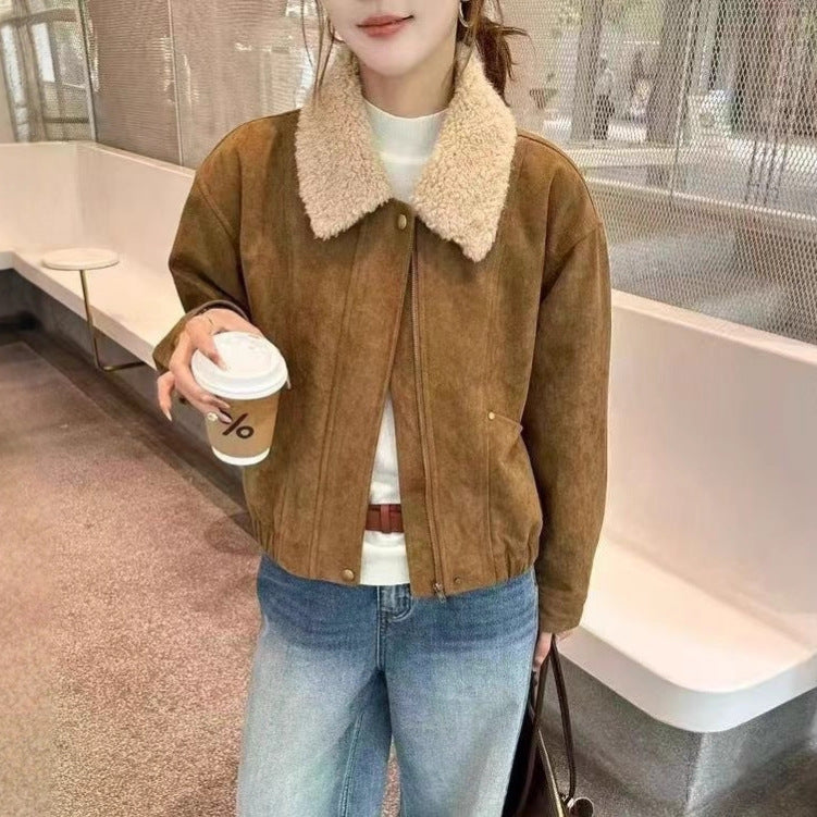 Women’s winter jacket, suede look, lambskin lining