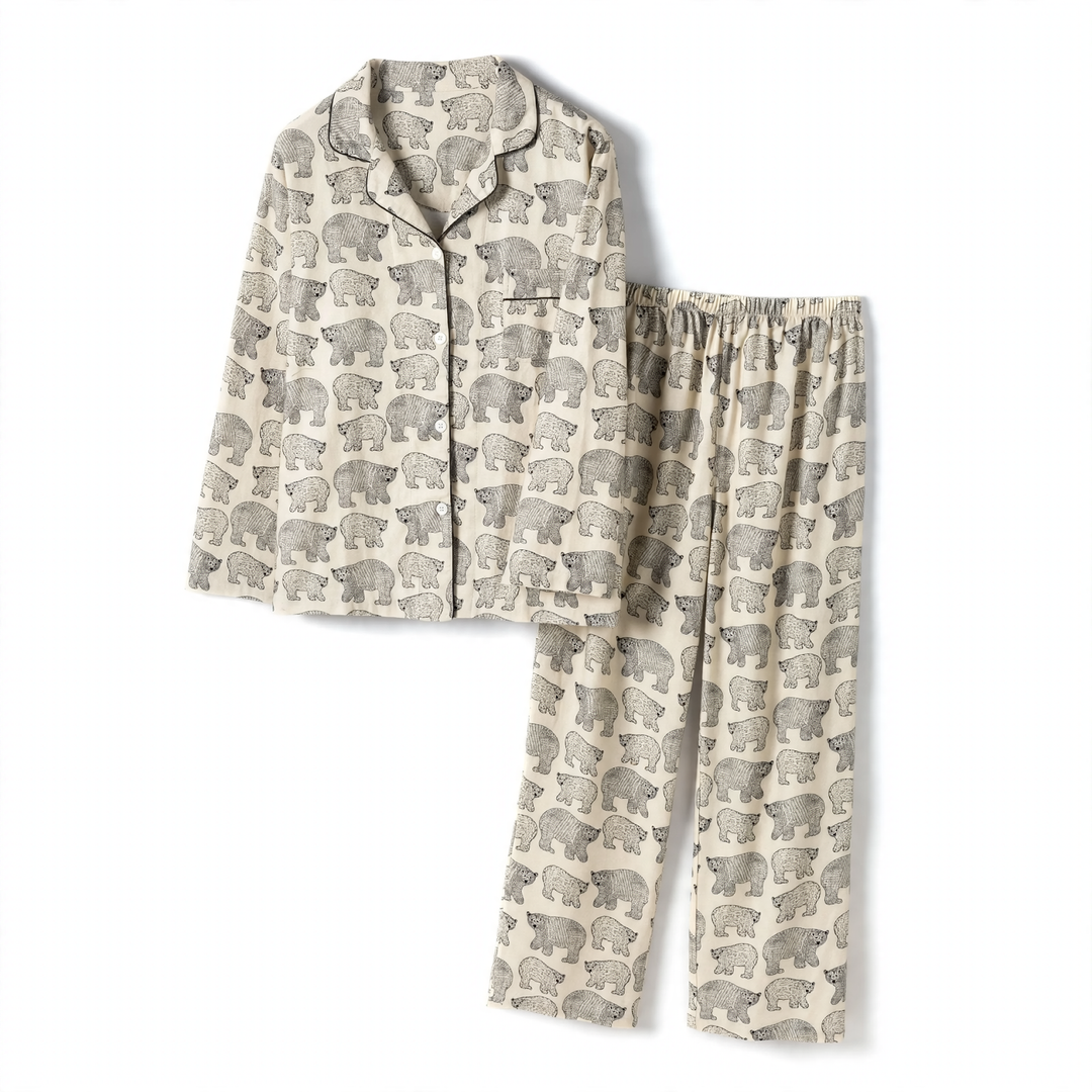 Bear Print Flannel Loungewear Set for Couples, Cotton