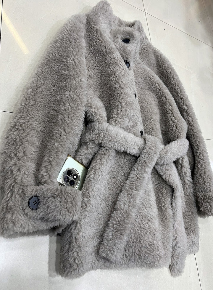 Sheepskin coat with tie belt