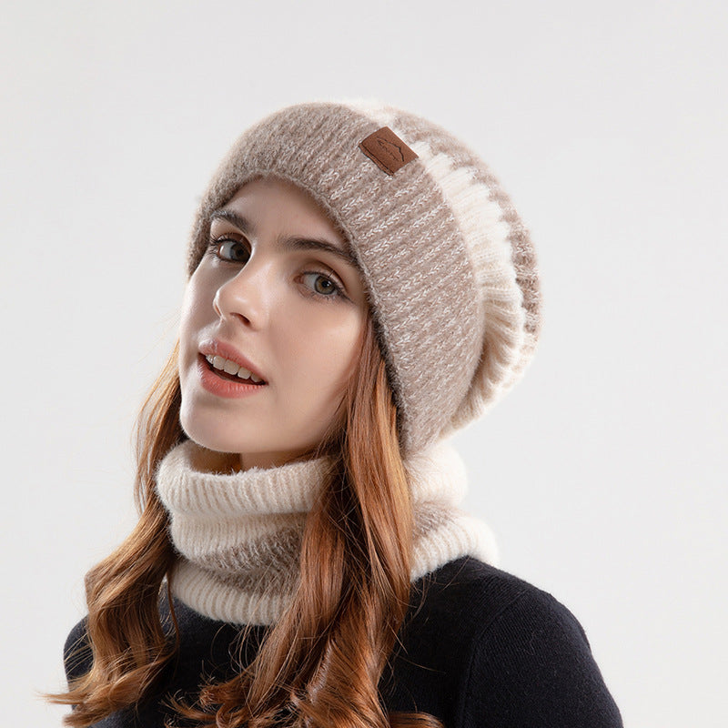 Knitted beanie and scarf set, lined, two-colored