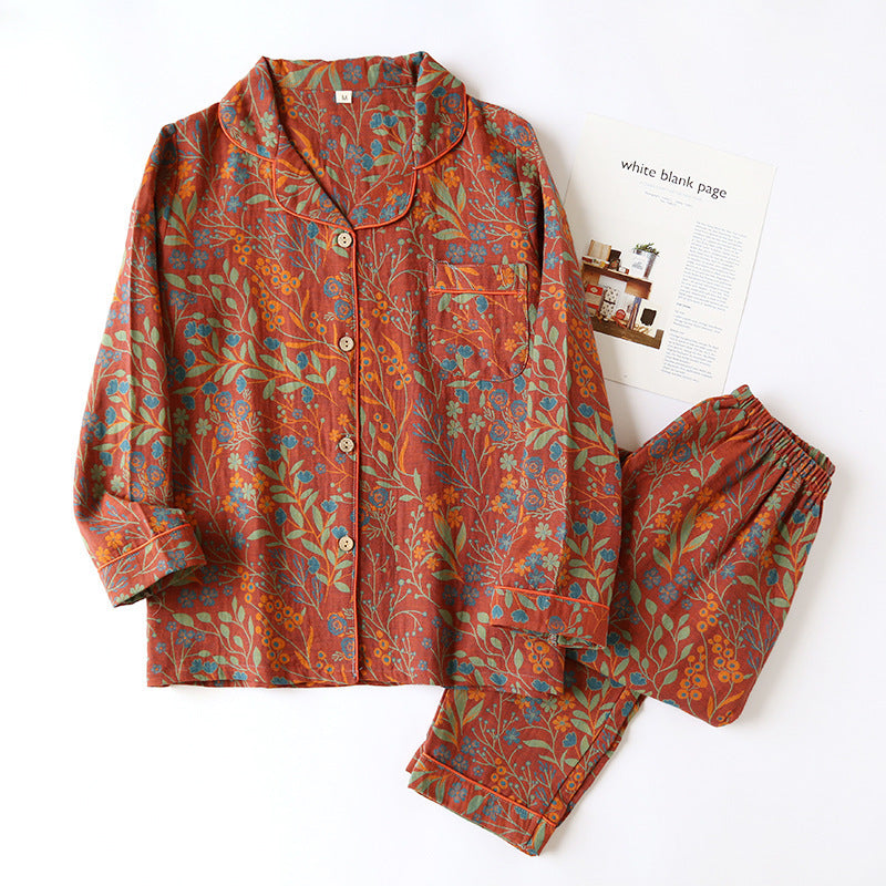 Women's loungewear suit, cotton, long-sleeved, with button placket