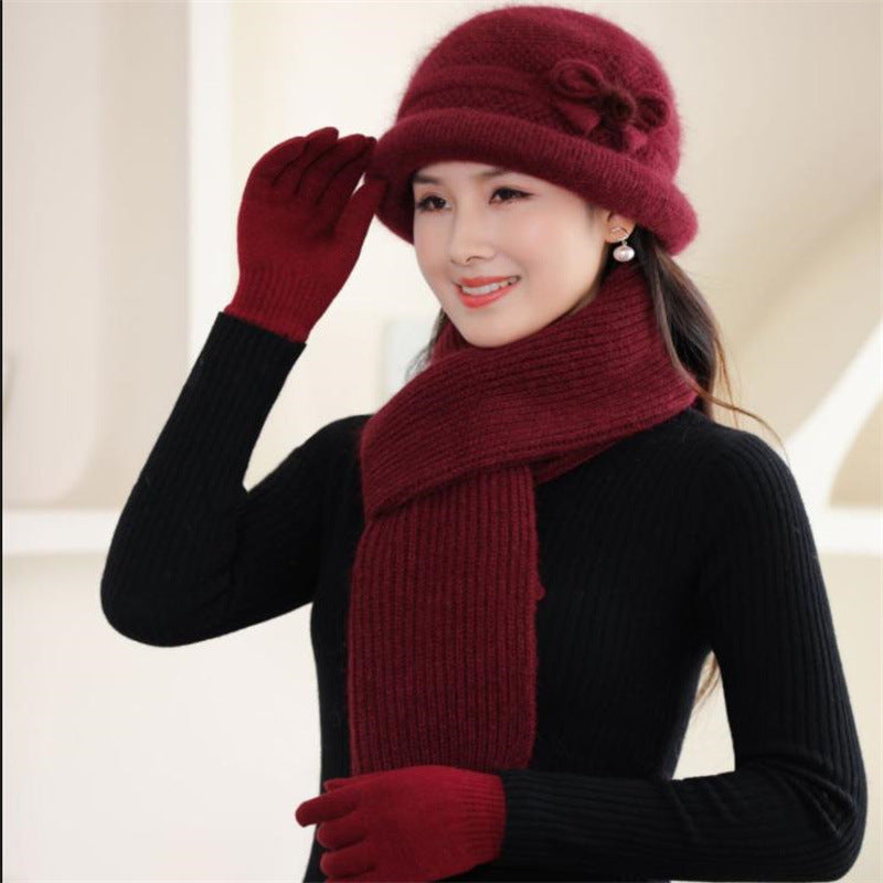 Knitted hat with scarf and gloves, women, winter