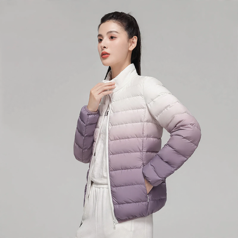 Women’s down jacket, short, with stand-up collar and gradient
