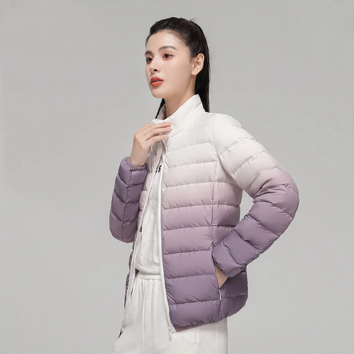 Women’s down jacket, short, with stand-up collar and gradient