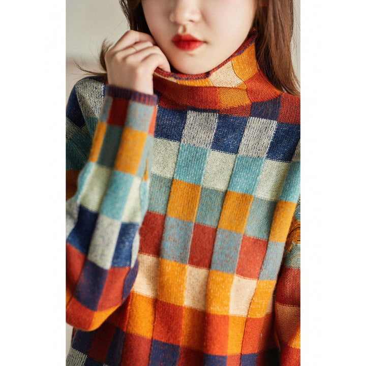Women's knitted sweater, chessboard pattern, turtleneck