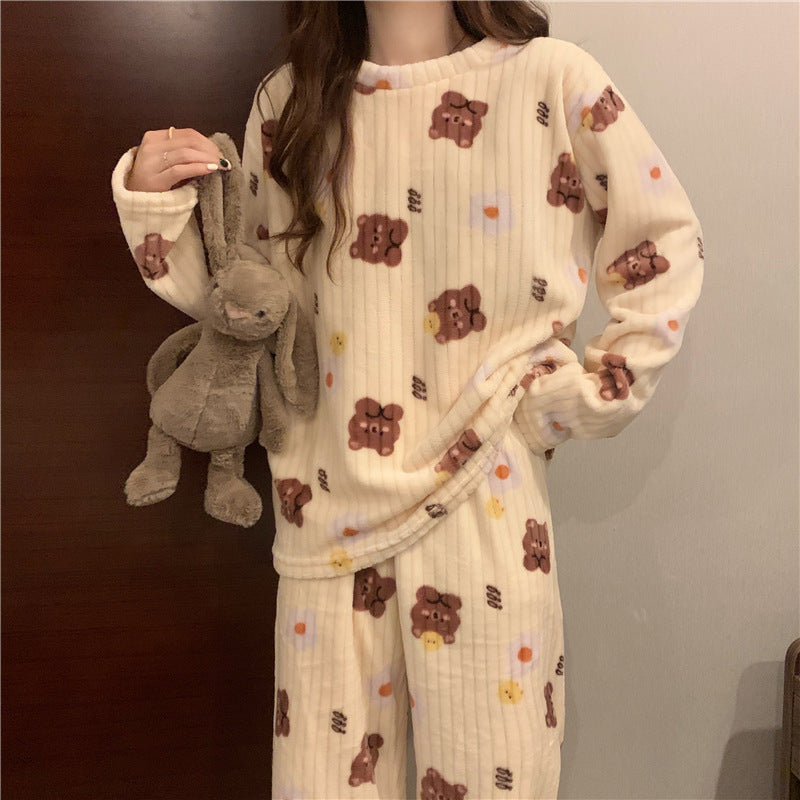 Warmer coral fleece pajamas, long-sleeved, printed