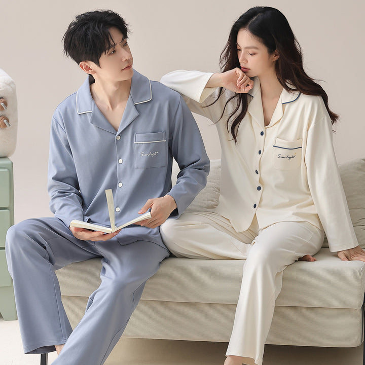 Cotton pajama set with shawl collar, long-sleeved