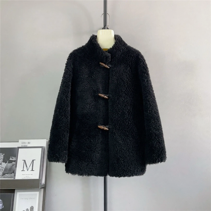 Women's wool coat with toggle buttons, mid-length