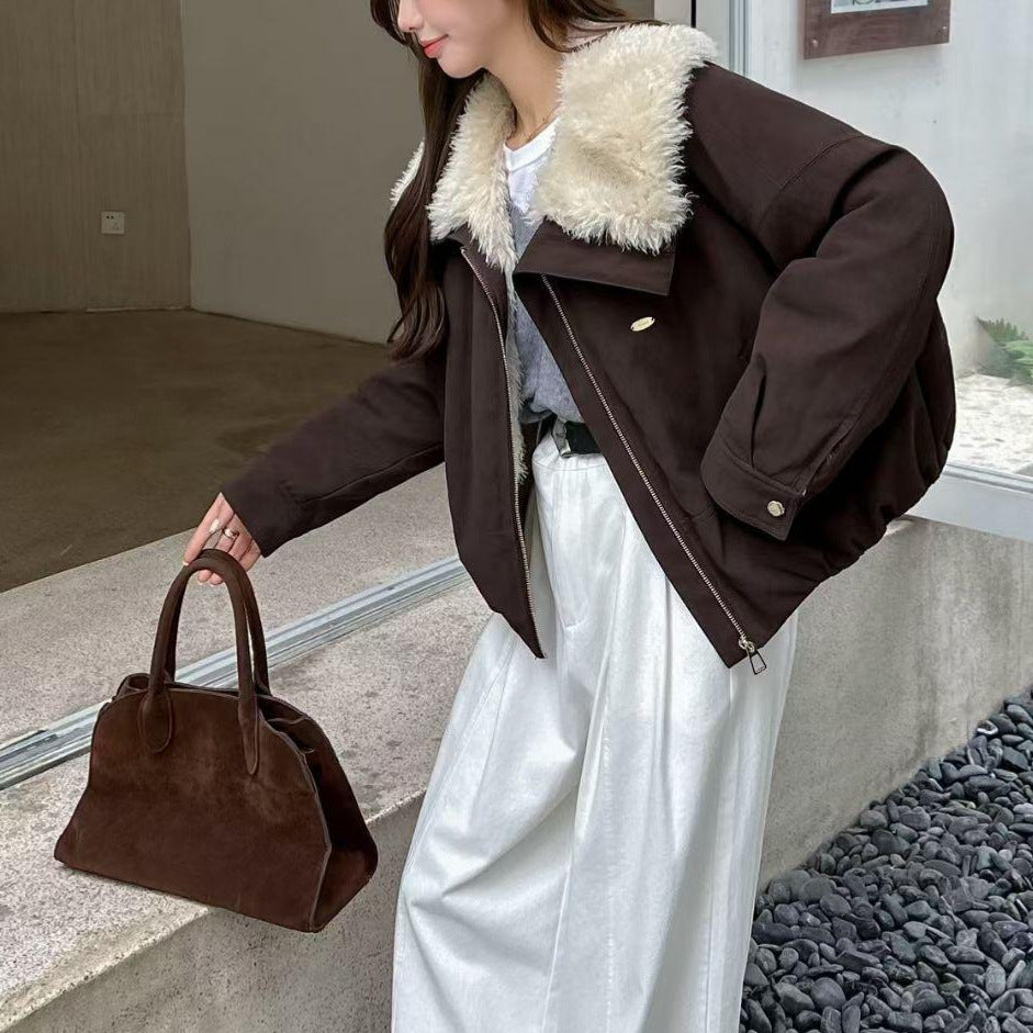 Women’s coat, suede look, plush lapels, lined