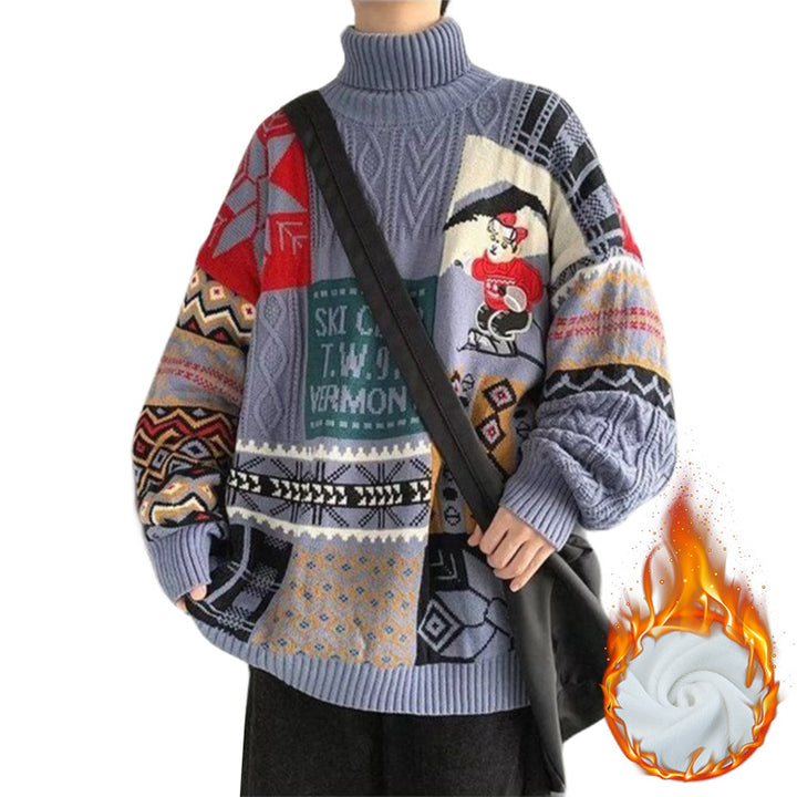 Men's knitted sweater with bear embroidery and stand-up collar