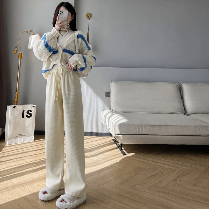 Cord trousers with wide leg for women