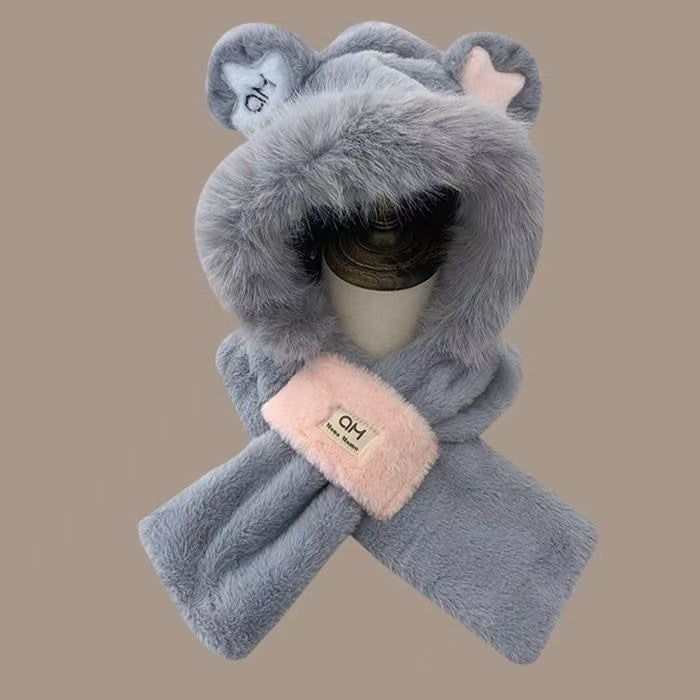 Plush hooded scarf with bear design, lined