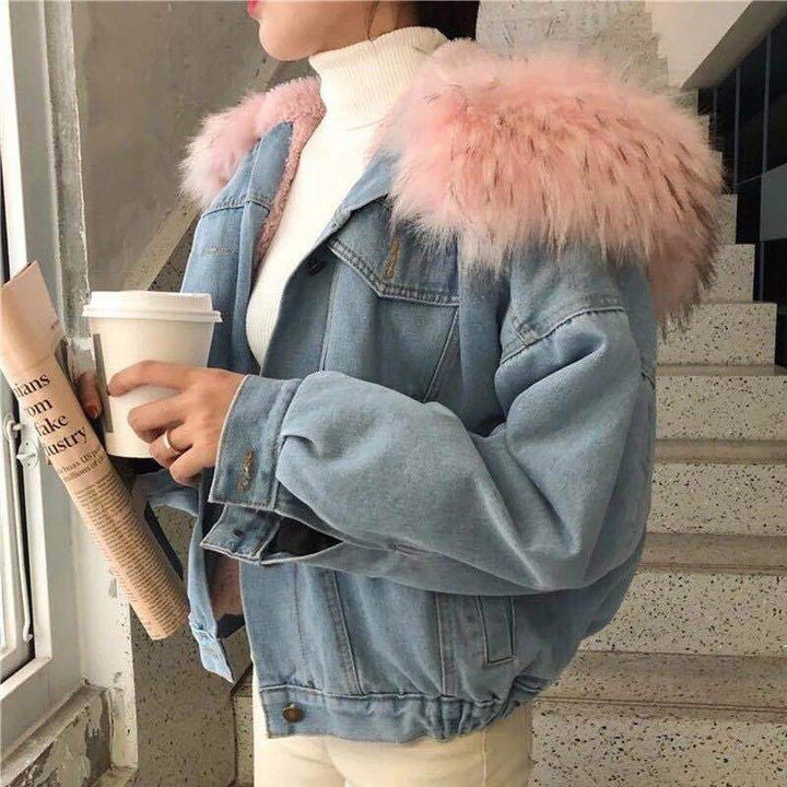 Padded denim jacket with large fur collar