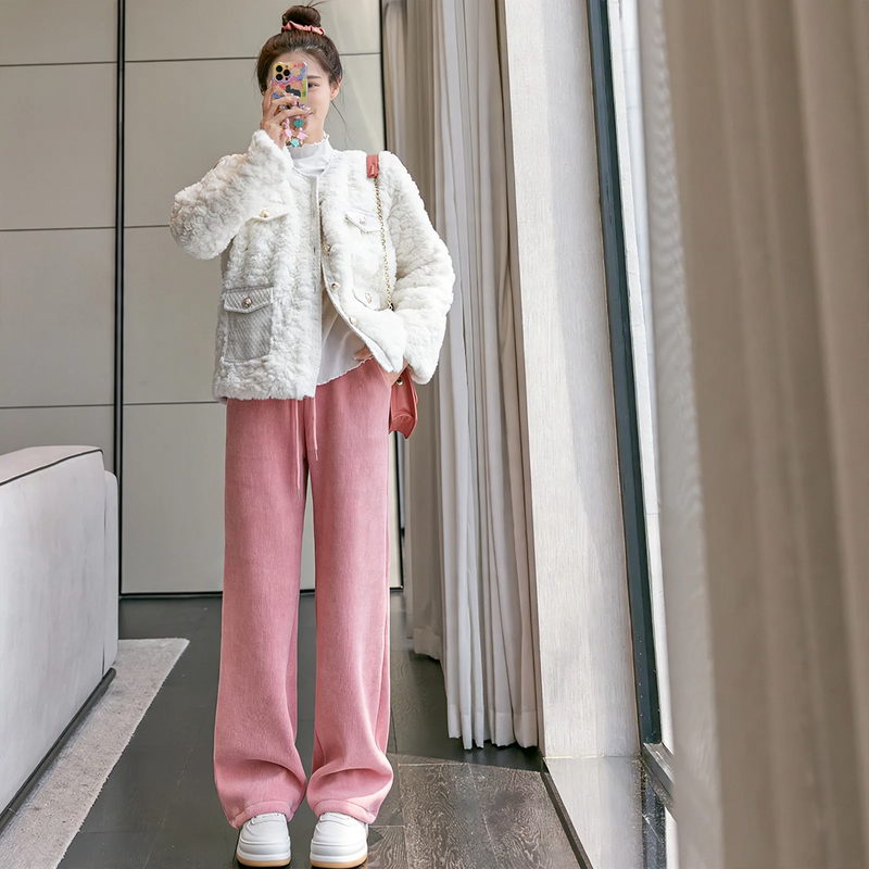 Chenille wide pants with straight cut