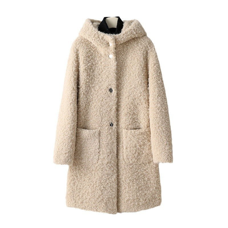 Women’s sheepskin coat with hood, mid-length
