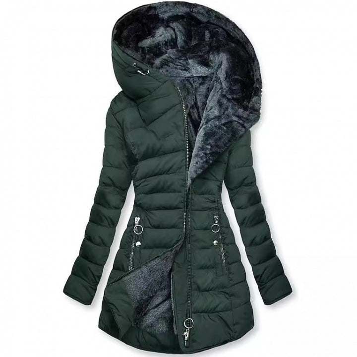 Tailored women's winter coat with hood and faux fur
