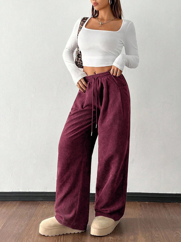 Cord pants with drawstring and wide leg