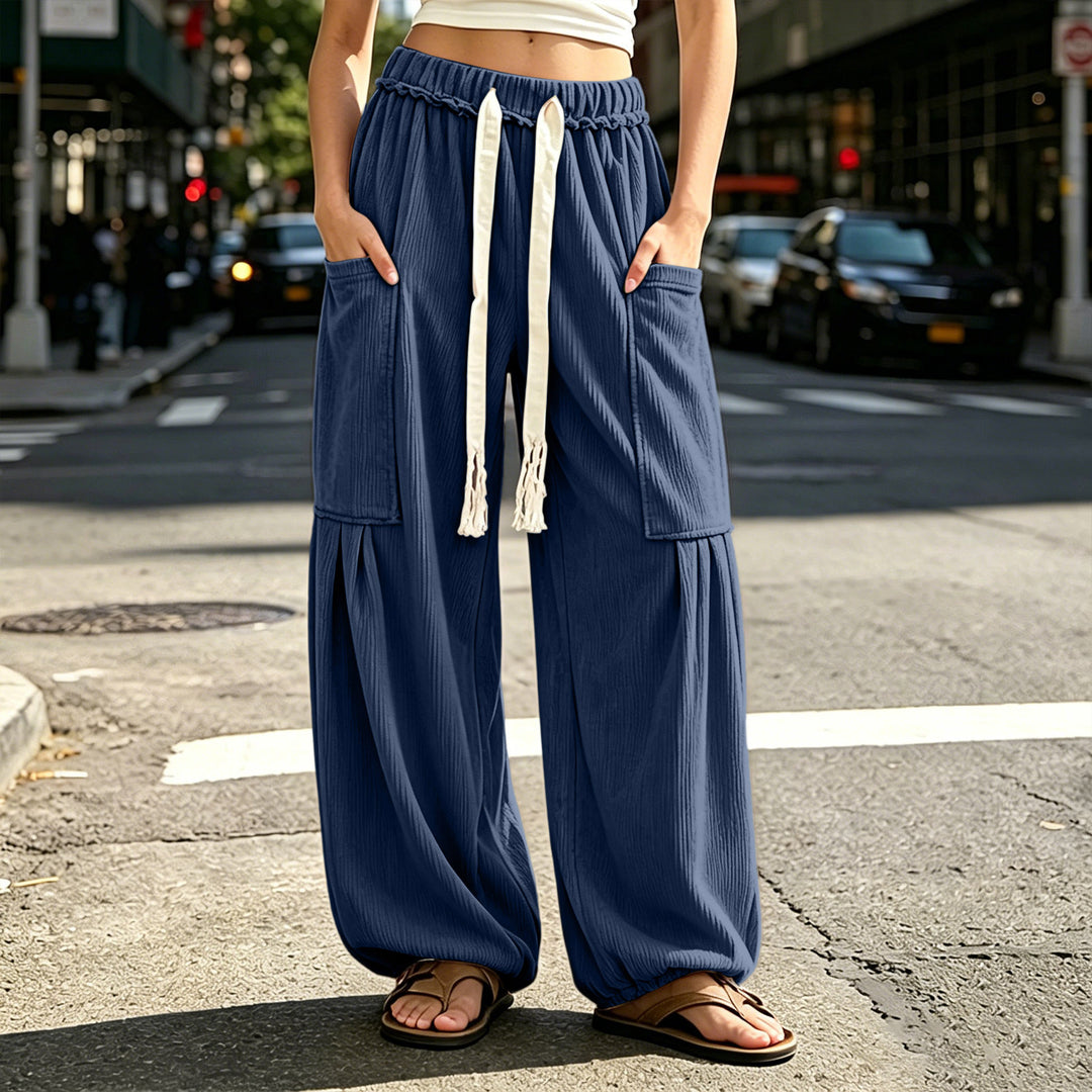 Cord cargo pants for women with drawstring and pockets