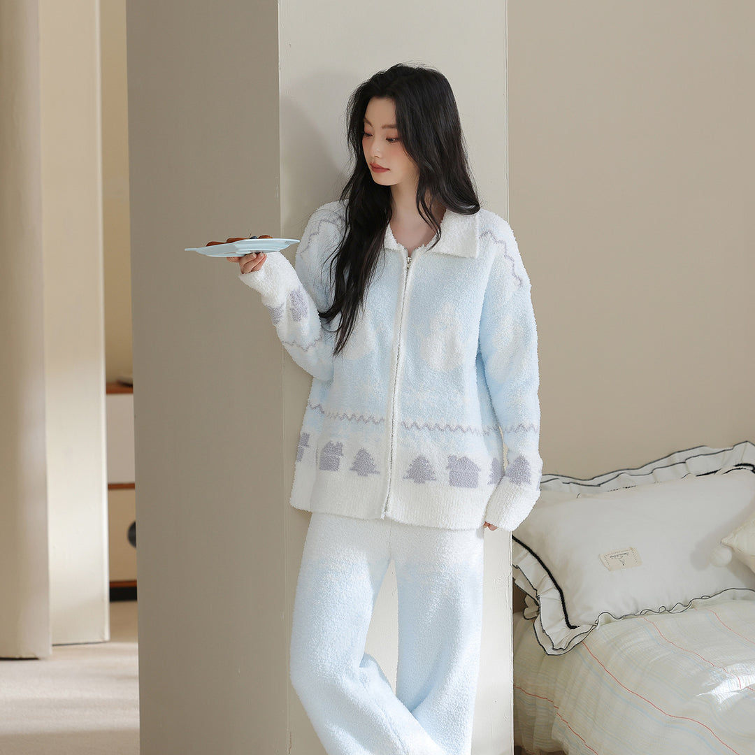 Women's home suit with zipper and lapel collar