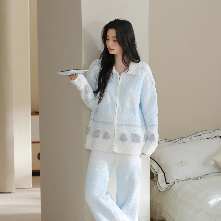 Women's home suit with zipper and lapel collar