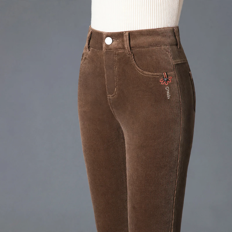 Cord pants, straight cut, high waist, lined