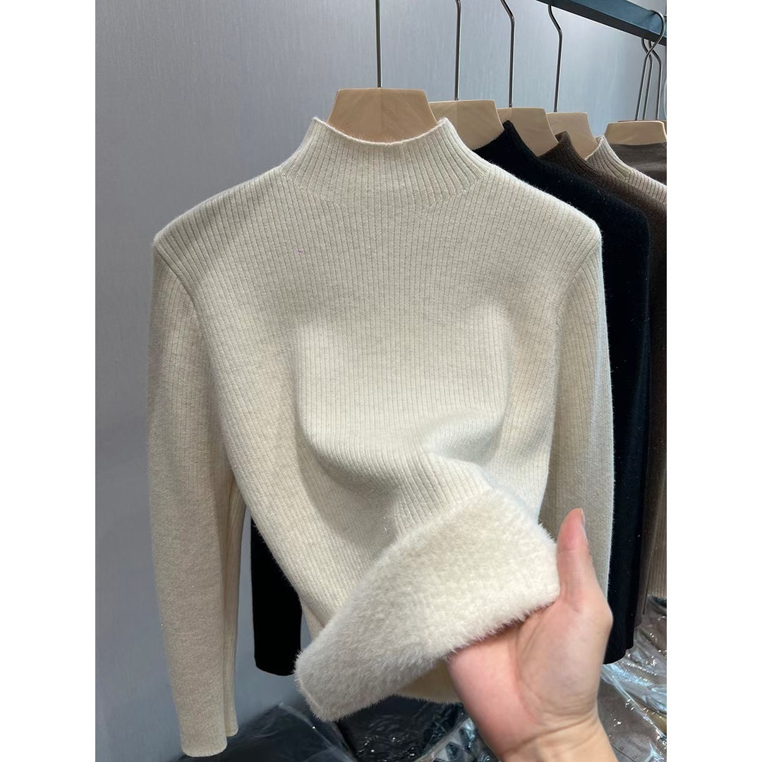 Ladies knitted sweater, lined, standing collar, warm