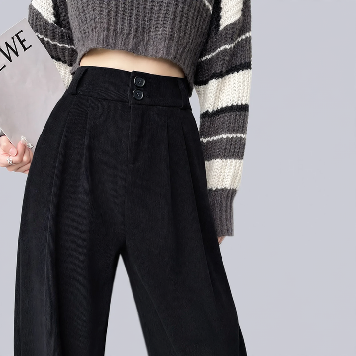 Chenille fabric trousers with high waist, straight cut