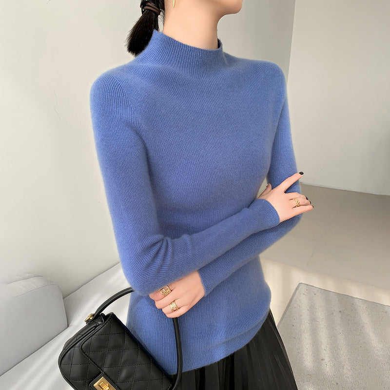 Women's cashmere sweater, stand-up collar, slim fit