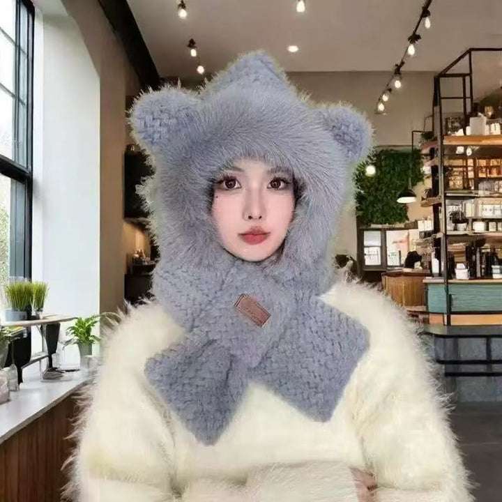 Women's plush hat with bear ears and scarf set